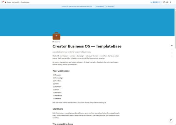 Native Notion creator business template workspace overview with fictional examples