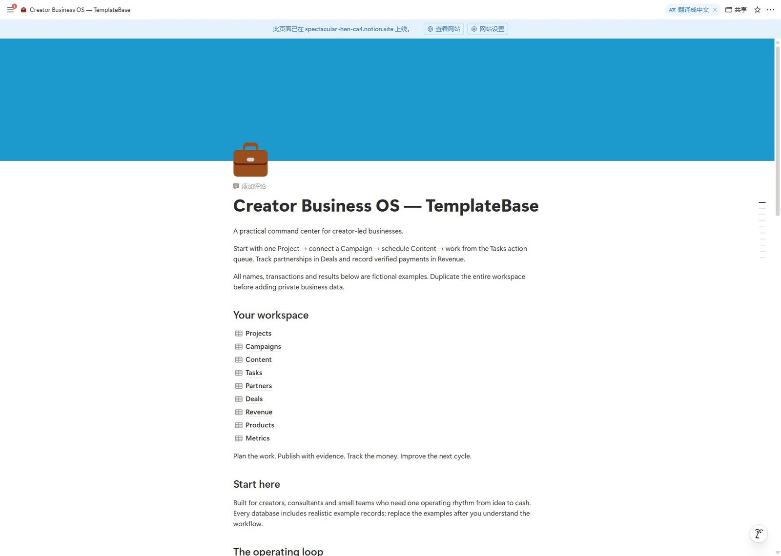 Native Notion creator business template workspace overview with fictional examples
