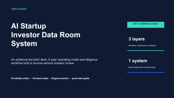 01_Product_Cover AI startup investor data room system preview with editable pitch deck and 5-year financial model