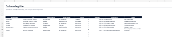 agency-onboarding-plan-v1.1 Marketing agency onboarding plan with seven phases, owners, milestones and client handoff steps