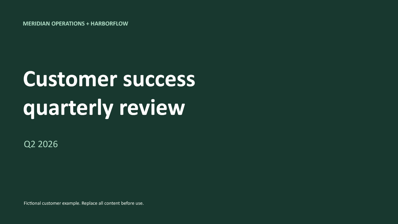 Home 1 Actual customer success QBR PowerPoint cover from the editable template
