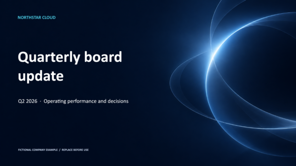 SaaS board update PowerPoint template cover for a quarterly operating performance and decisions report