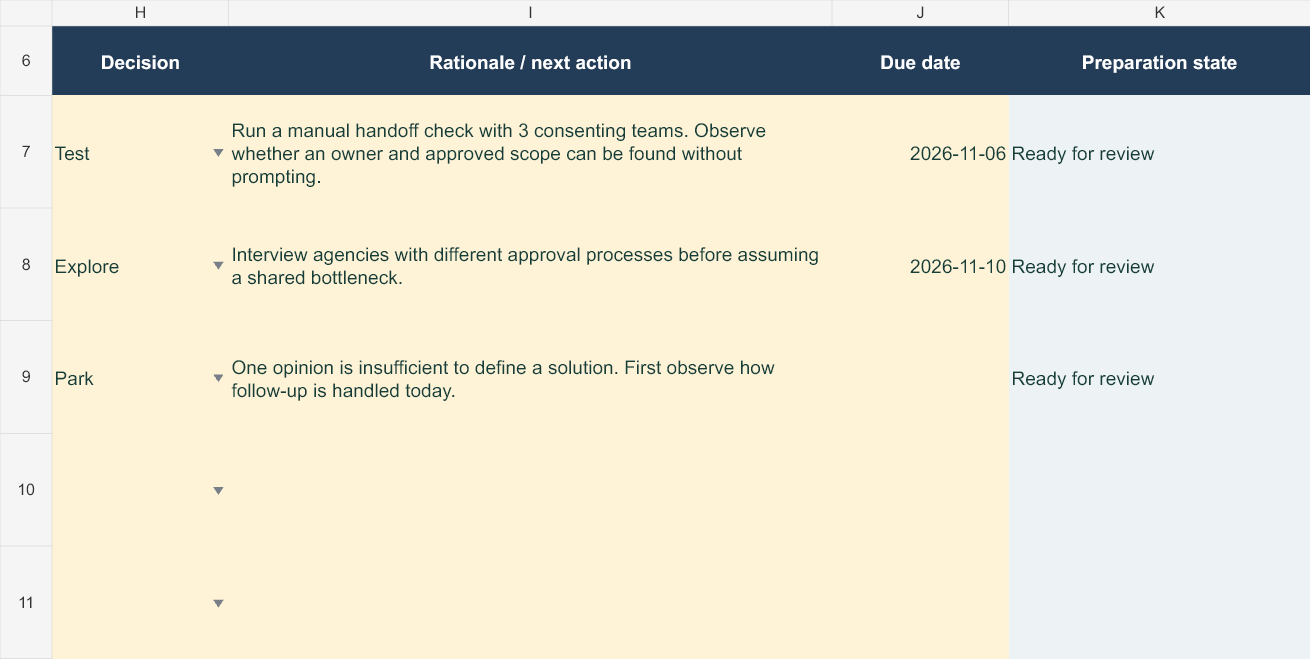 Customer Interview Evidence Workbook 3 Excel next-action fields showing a fictional test, owner rationale and due dates