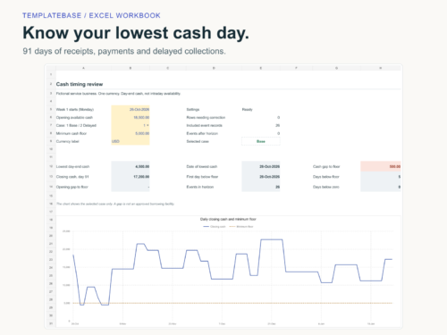 Service Business Cash Timing Planner for Excel with a fictional daily cash review and linked balance chart.