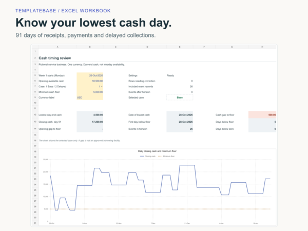tb-cash-timing-cover Service Business Cash Timing Planner for Excel with a fictional daily cash review and linked balance chart.