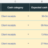 tb-cash-timing-events Editable Excel cash event register with fictional counterparties, expected cash dates, outstanding amounts and plan statuses.