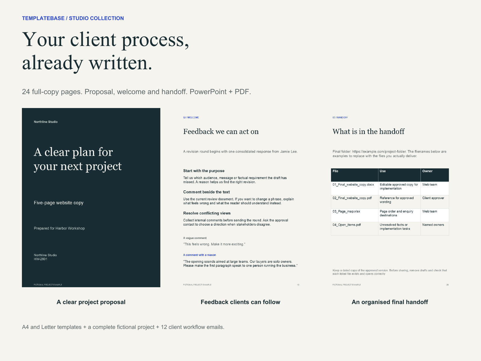 Studio Templates for Freelancers 1 Actual pages from Studio Client Proposal, Welcome and Handoff Kit