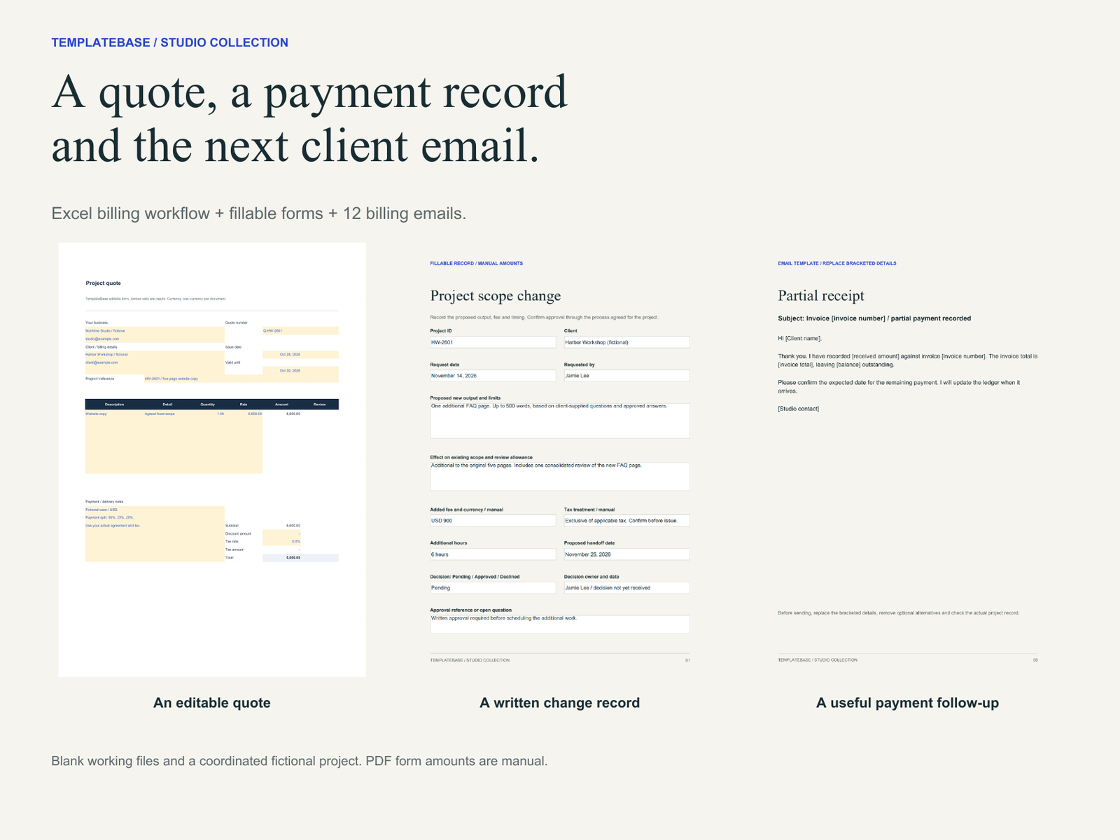 Studio Templates for Freelancers 2 Actual pages from Studio Quote and Payment Kit
